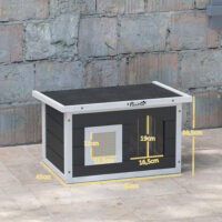 Graues wetterfestes Katzenhaus aus Holz mit integrierter Kratzmatte und Klappdach, bietet Schutz und Krallenpflege im Freien.