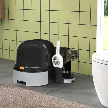 Graues Katzenhaus mit integrierter Katzentoilette und zwei Bodenwannen, Masse 52x60x42cm, bietet Komfort und Diskretion.