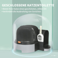 Graues Katzenhaus mit integrierter Katzentoilette und zwei Bodenwannen, Masse 52x60x42cm, bietet Komfort und Diskretion.