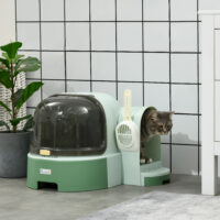 Grünes Katzenhaus mit integrierter Katzentoilette, zwei Bodenwannen und Haube, eine praktische All-in-One-Lösung.