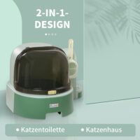 Grünes Katzenhaus mit integrierter Katzentoilette, zwei Bodenwannen und Haube, eine praktische All-in-One-Lösung.