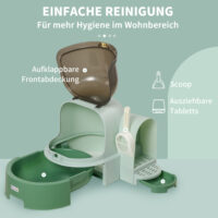 Grünes Katzenhaus mit integrierter Katzentoilette, zwei Bodenwannen und Haube, eine praktische All-in-One-Lösung.
