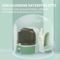 Grünes Katzenhaus mit integrierter Katzentoilette, zwei Bodenwannen und Haube, eine praktische All-in-One-Lösung.