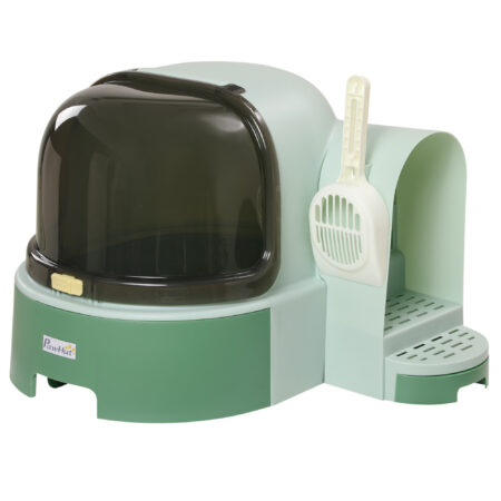 Grünes Katzenhaus mit integrierter Katzentoilette, zwei Bodenwannen und Haube, eine praktische All-in-One-Lösung.