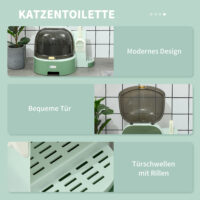 Grünes Katzenhaus mit integrierter Katzentoilette, zwei Bodenwannen und Haube, eine praktische All-in-One-Lösung.