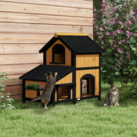 Gelbes winterfestes Katzenhaus aus Tannenholz, Masse 96x65x85.5cm, ideal für den ganzjährigen Einsatz im Garten.