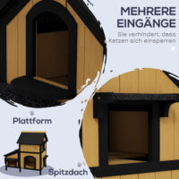 Gelbes winterfestes Katzenhaus aus Tannenholz, Masse 96x65x85.5cm, ideal für den ganzjährigen Einsatz im Garten.