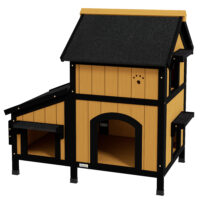 Gelbes winterfestes Katzenhaus aus Tannenholz, Masse 96x65x85.5cm, ideal für den ganzjährigen Einsatz im Garten.