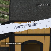 Gelbes winterfestes Katzenhaus aus Tannenholz, Masse 96x65x85.5cm, ideal für den ganzjährigen Einsatz im Garten.