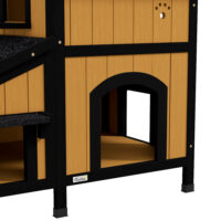 Gelbes winterfestes Katzenhaus aus Tannenholz, Masse 96x65x85.5cm, ideal für den ganzjährigen Einsatz im Garten.