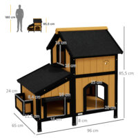 Gelbes winterfestes Katzenhaus aus Tannenholz, Masse 96x65x85.5cm, ideal für den ganzjährigen Einsatz im Garten.