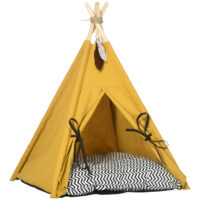Gelbes Katzenhaus im Tipi-Zelt-Design, rutschfest, mit Kissen und Spielball, bietet einen gemütlichen und verspielten Rückzugsort.