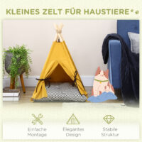 Gelbes Katzenhaus im Tipi-Zelt-Design, rutschfest, mit Kissen und Spielball, bietet einen gemütlichen und verspielten Rückzugsort.