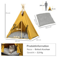 Gelbes Katzenhaus im Tipi-Zelt-Design, rutschfest, mit Kissen und Spielball, bietet einen gemütlichen und verspielten Rückzugsort.