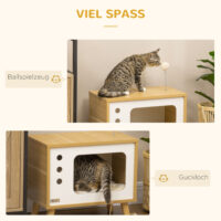 Beiges Katzenhaus im TV-Design mit Spielball und Kissen, ein origineller und gemütlicher Rückzugsort für Katzen.