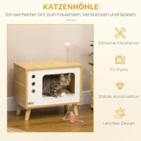 Beiges Katzenhaus im TV-Design mit Spielball und Kissen, ein origineller und gemütlicher Rückzugsort für Katzen.
