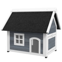 Graues wetterfestes Katzenhaus aus Holz, Masse 77x57.5x68cm, ideal für den Einsatz im Garten oder auf dem Balkon.