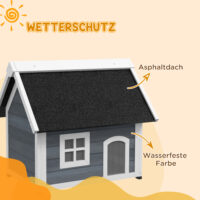 Graues wetterfestes Katzenhaus aus Holz, Masse 77x57.5x68cm, ideal für den Einsatz im Garten oder auf dem Balkon.