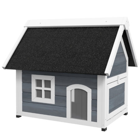 Graues wetterfestes Katzenhaus aus Holz, Masse 77x57.5x68cm, ideal für den Einsatz im Garten oder auf dem Balkon.