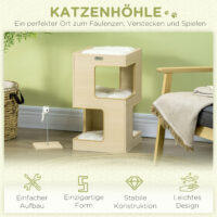 Eichenfarbene 3-stufige Katzenhöhle mit Kissen und Spielzeug, bietet Komfort und Unterhaltung.