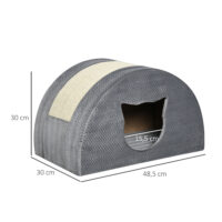 Graue Katzenhöhle mit integriertem Kratzbrett, bietet Rückzugsort und Möglichkeit zum Krallenwetzen.