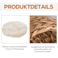 Hellbraune Katzenhöhle aus Rattan mit passendem Kissen aus Wasserhyazinthe, bietet einen gemütlichen und natürlichen Rückzugsort.