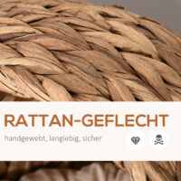 Hellbraune Katzenhöhle aus Rattan mit passendem Kissen aus Wasserhyazinthe, bietet einen gemütlichen und natürlichen Rückzugsort.