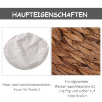 Hellbraune Katzenhöhle aus Rattan mit passendem Kissen aus Wasserhyazinthe, bietet einen gemütlichen und natürlichen Rückzugsort.