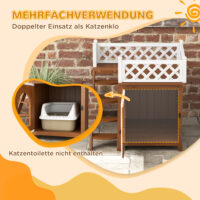 Braune Katzenhöhle aus Tannenholz mit Balkon und Treppe, für Katzen bis 6kg, bietet Komfort und Kletterspass.