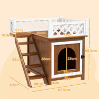 Braune Katzenhöhle aus Tannenholz mit Balkon und Treppe, für Katzen bis 6kg, bietet Komfort und Kletterspass.