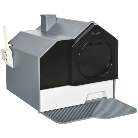 Weiss-graues Katzenklo mit Bodenwanne, Filter und Schaufel, für eine saubere und geruchsfreie Katzentoilette.