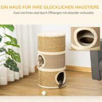 Kratzbaum für Katzen mit 3 Ebenen aus Sisal und Plüsch, bietet Abwechslung zum Kratzen, Klettern und Ruhen.