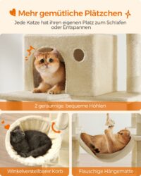XXL Katzenkratzbaum 206cm Beige mit Hängematte und Plattformen.