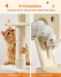 XXL Katzenkratzbaum 206cm Beige mit Hängematte und Plattformen.