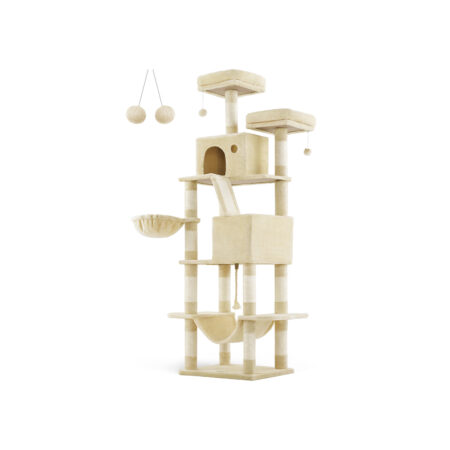 XXL Katzenkratzbaum 206cm Beige mit Hängematte und Plattformen.
