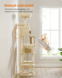 XXL Katzenkratzbaum 206cm Beige mit Hängematte und Plattformen.
