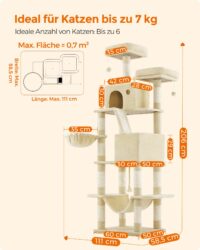 XXL Katzenkratzbaum 206cm Beige mit Hängematte und Plattformen.