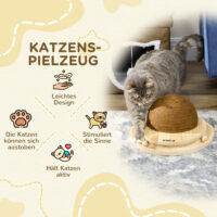 Naturfarbenes 2-in-1 Katzenspielzeug mit Kratzbrett und Kugelbahn.