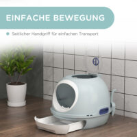 Blaue Katzentoilette mit praktischem Dachfenster, für einfache Reinigung und Belüftung.