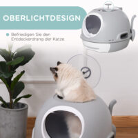 Graue tragbare Katzentoilette mit Dachfenster, ideal für Reisen oder flexible Platzierung.