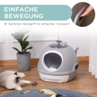 Graue tragbare Katzentoilette mit Dachfenster, ideal für Reisen oder flexible Platzierung.