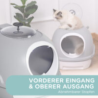 Graue tragbare Katzentoilette mit Dachfenster, ideal für Reisen oder flexible Platzierung.