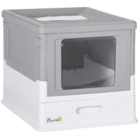 Graue Katzentoilette mit Deckel, praktisch und hygienisch, hält Gerüche im Zaum.