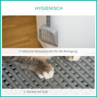 Grau-weisse Katzentoilette mit Deckel, ideal für kleine Katzen, bietet Hygiene und Privatsphäre.