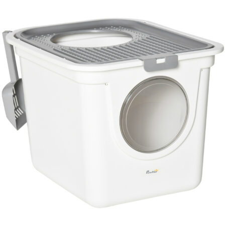 Grau-weisse Katzentoilette mit Deckel, ideal für kleine Katzen, bietet Hygiene und Privatsphäre.