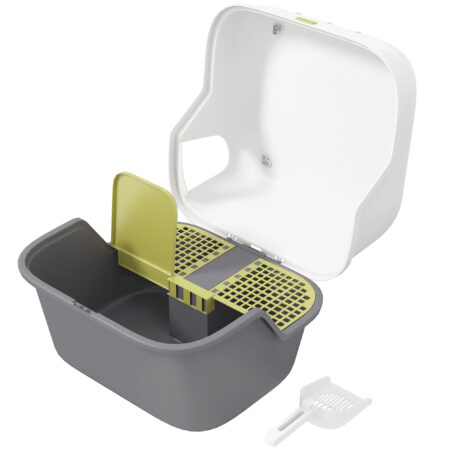 Cremeweisse Katzentoilette mit Deckel und Sieb, für Katzen bis 3.5kg.