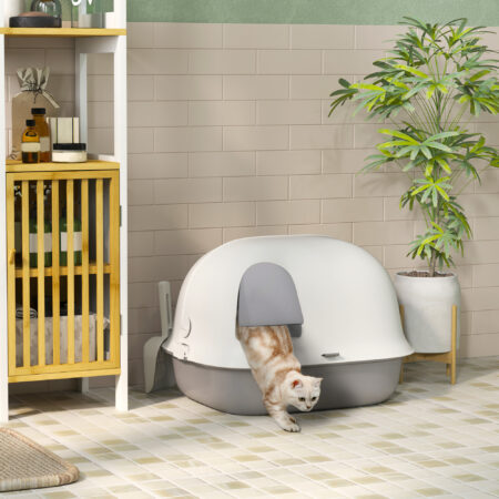 Hellgraue Katzentoilette mit Deckel und Sieb, für Katzen bis 3.5kg.