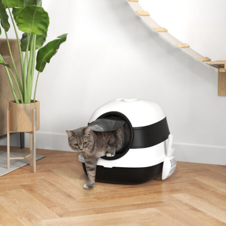 Weiss-schwarze Katzentoilette mit Deodorant, Masse 52x41x38cm, sorgt für frische Luft und Sauberkeit.