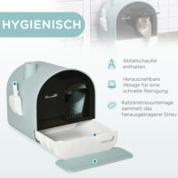 Grüne Katzentoilette mit Haube, für Katzen bis 5kg, reduziert Gerüche und Streuverteilung.