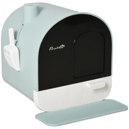 Grüne Katzentoilette mit Haube, für Katzen bis 5kg, reduziert Gerüche und Streuverteilung.